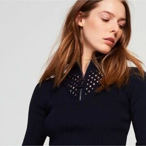Sandro Womens Navy Cutout Knit Sweater Half Zip